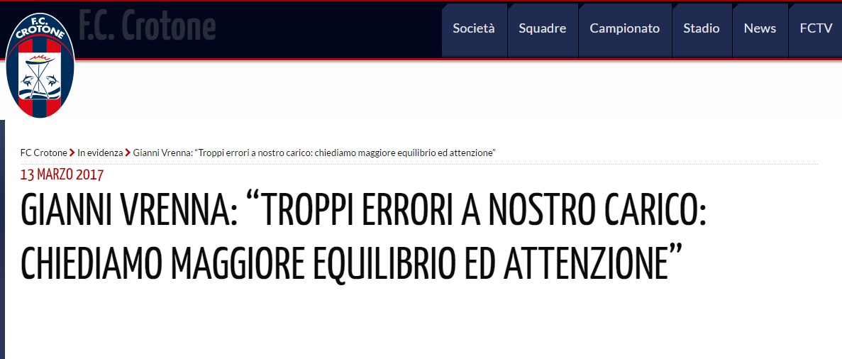 La nota del Crotone contro l’arbitraggio: «Non è la prima volta, esigiamo rispetto»