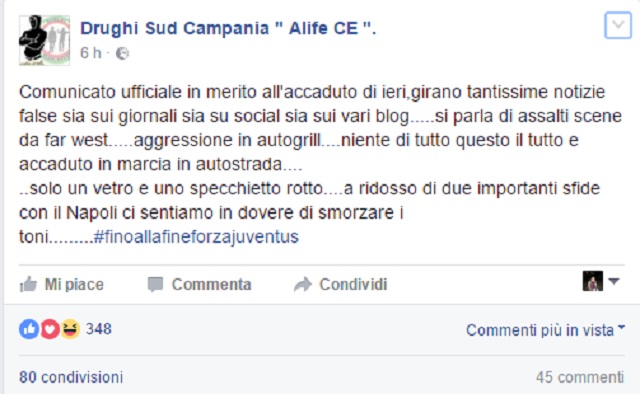 Il post dei “Drughi Sud” di Alife: «Nessun assalto, è avvenuto tutto in marcia in autostrada»