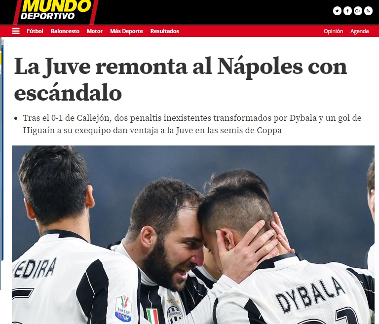 Il Mundo Deportivo sta col Napoli: «La Juve remonta al Nápoles con escándalo»