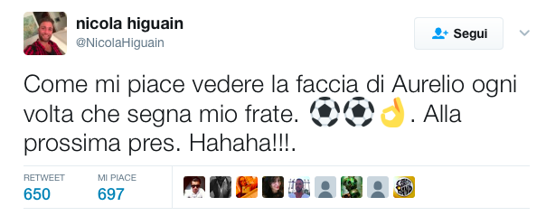 Nicola Higuain su Twitter ironizza contro De Laurentiis