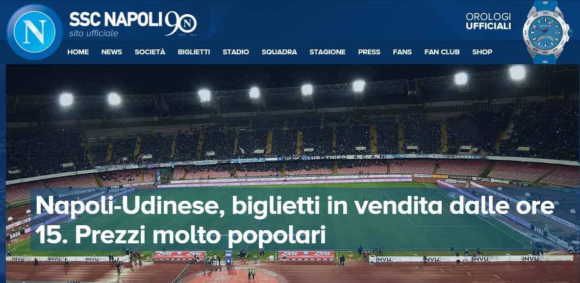 Napoli-Udinese, i prezzi dei bigilietti: curve a 12 euro, Distinti a 14 euro