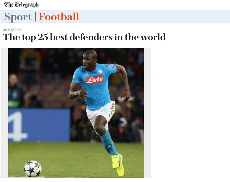 Telegraph: Koulibaly è il 18esimo difensore più forte del mondo (in testa Bonucci)