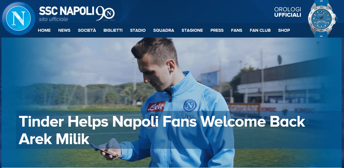 Il Napoli è il primo club al mondo ad aver creato una partnership con Tinder