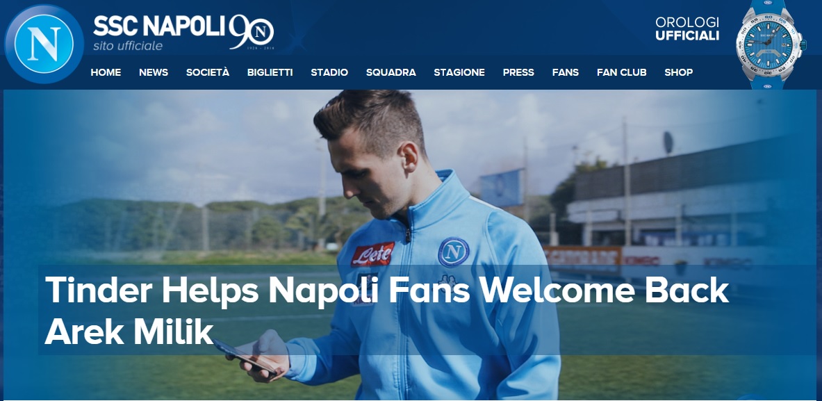 Il Napoli è il primo club al mondo ad aver creato una partnership con Tinder Il Napoli è il primo club al mondo ad aver creato una partnership con Tinder