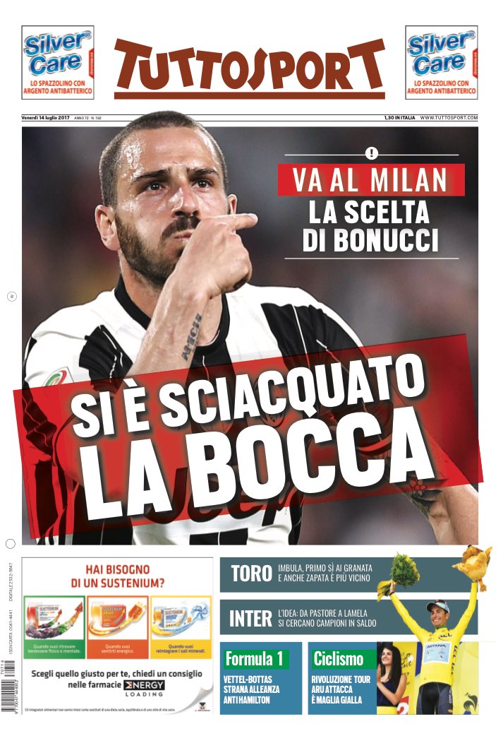 Bonucci al Milan, Tuttosport non la prende bene