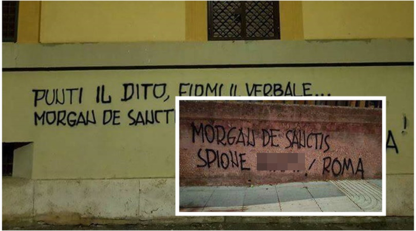 Roma, scritte contro Morgan De Sanctis sui muri della città: “Maiale! Spione!”