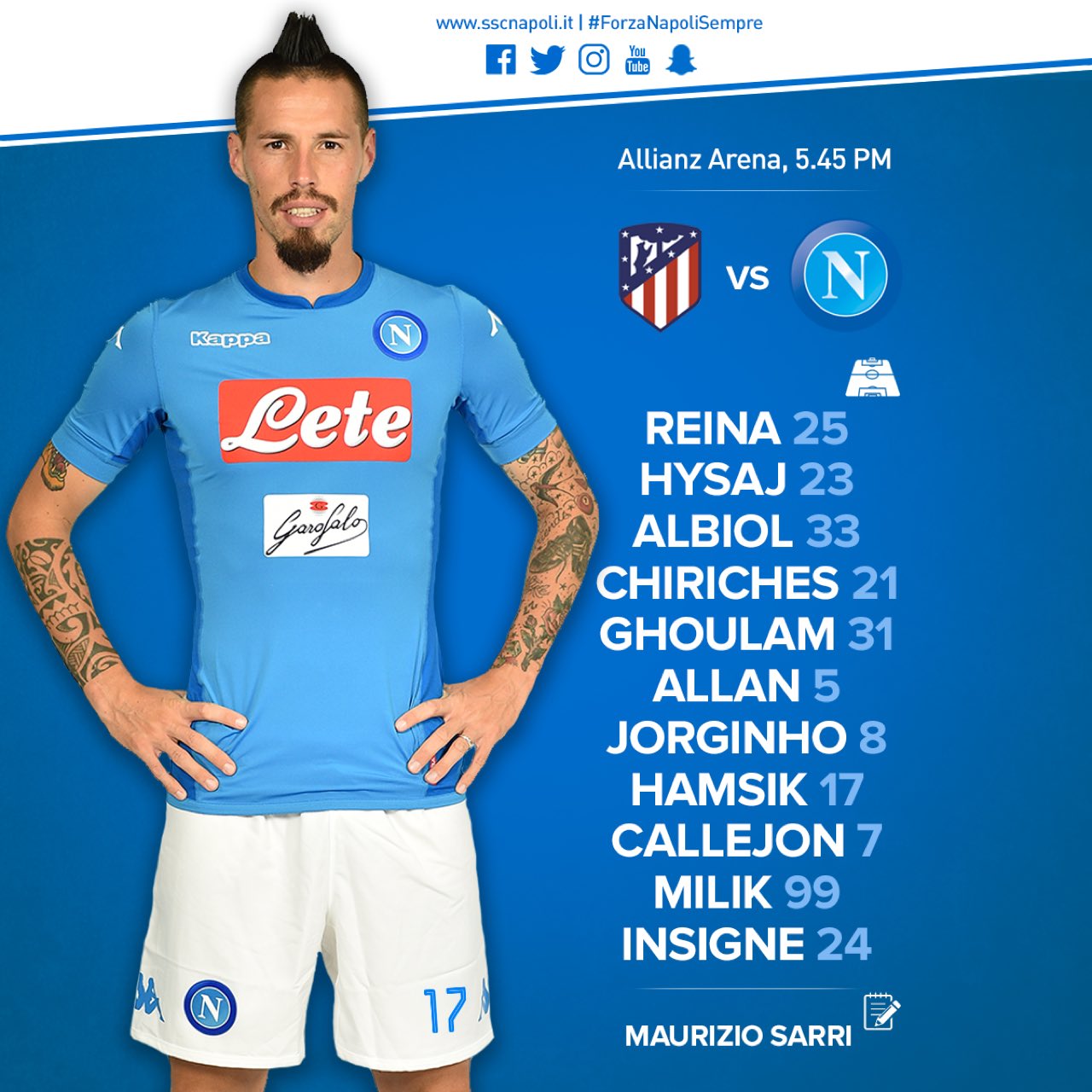 Napoli-Atletico Madrid, le formazioni ufficiali: Sarri sceglie Milik e Chiriches