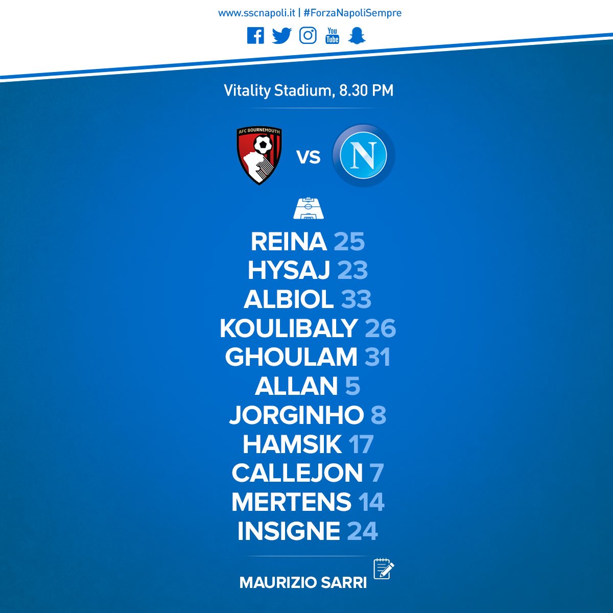 Bournemouth-Napoli, le formazioni ufficiali: Sarri sceglie i titolarissimi, Mertens centravanti Bournemouth-Napoli, le formazioni ufficiali: Sarri sceglie i titolarissimi, Mertens centravanti