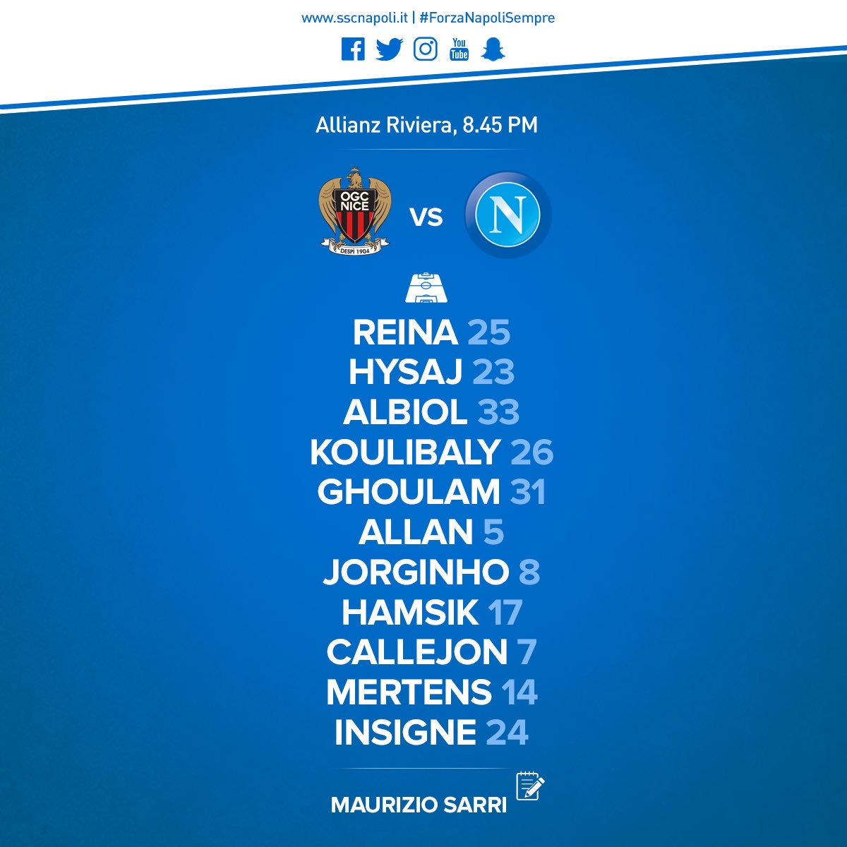 Nizza-Napoli, le formazioni ufficiali: Mertens c’è, Sneijder e Balotelli titolari Nizza-Napoli, le formazioni ufficiali: Mertens c’è, Sneijder e Balotelli titolari