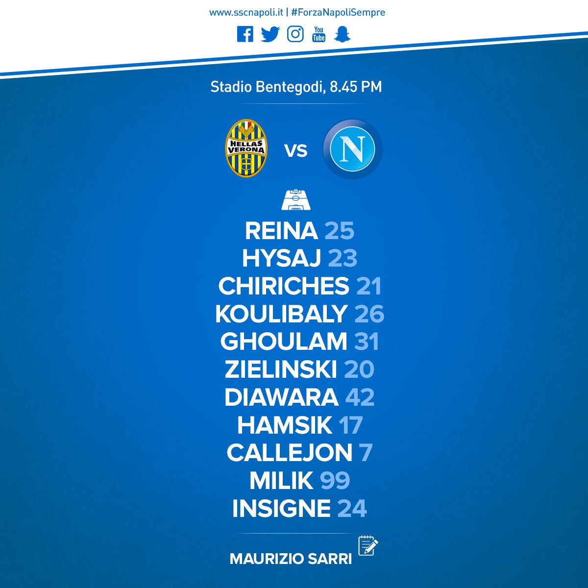 Verona-Napoli, formazioni ufficiali: gioca Milik, Mertens in panchina. Napoli in maglia azzurra