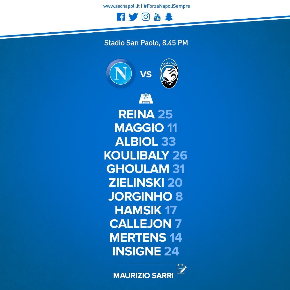 Napoli-Atalanta, le formazioni ufficiali: Reina c’è, Maggio e Zielinski le novità Napoli-Atalanta, le formazioni ufficiali: Reina c’è, Maggio e Zielinski le novità