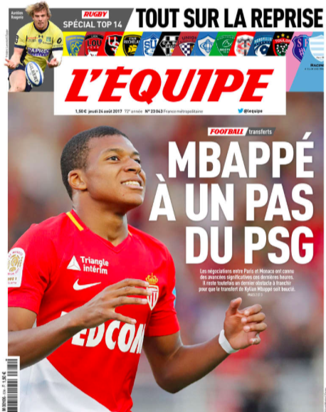 L’Equipe “apre” su Mbappé al Psg. Nemmeno una riga sull’eventuale offerta per Reina