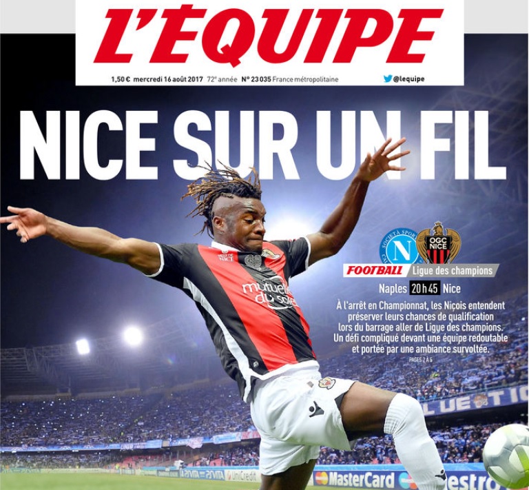 L’Equipe: Napoli-Nizza, i rossoneri sono «appesi a un filo»