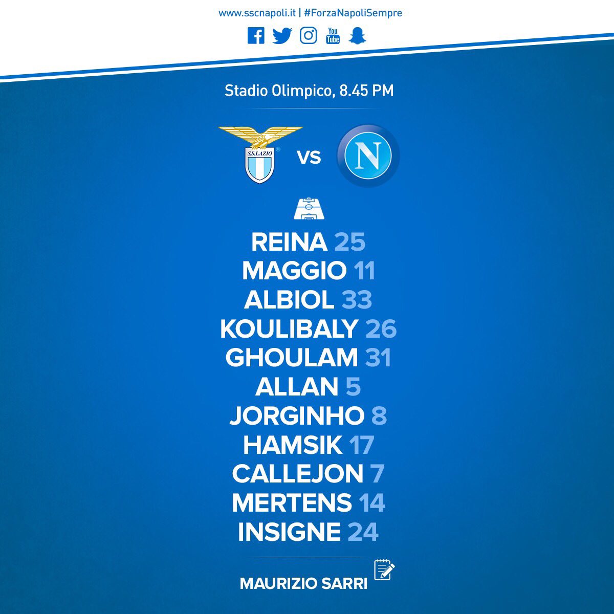 Lazio-Napoli, le formazioni ufficiali: sorpresa Maggio, poi i titolarissimi