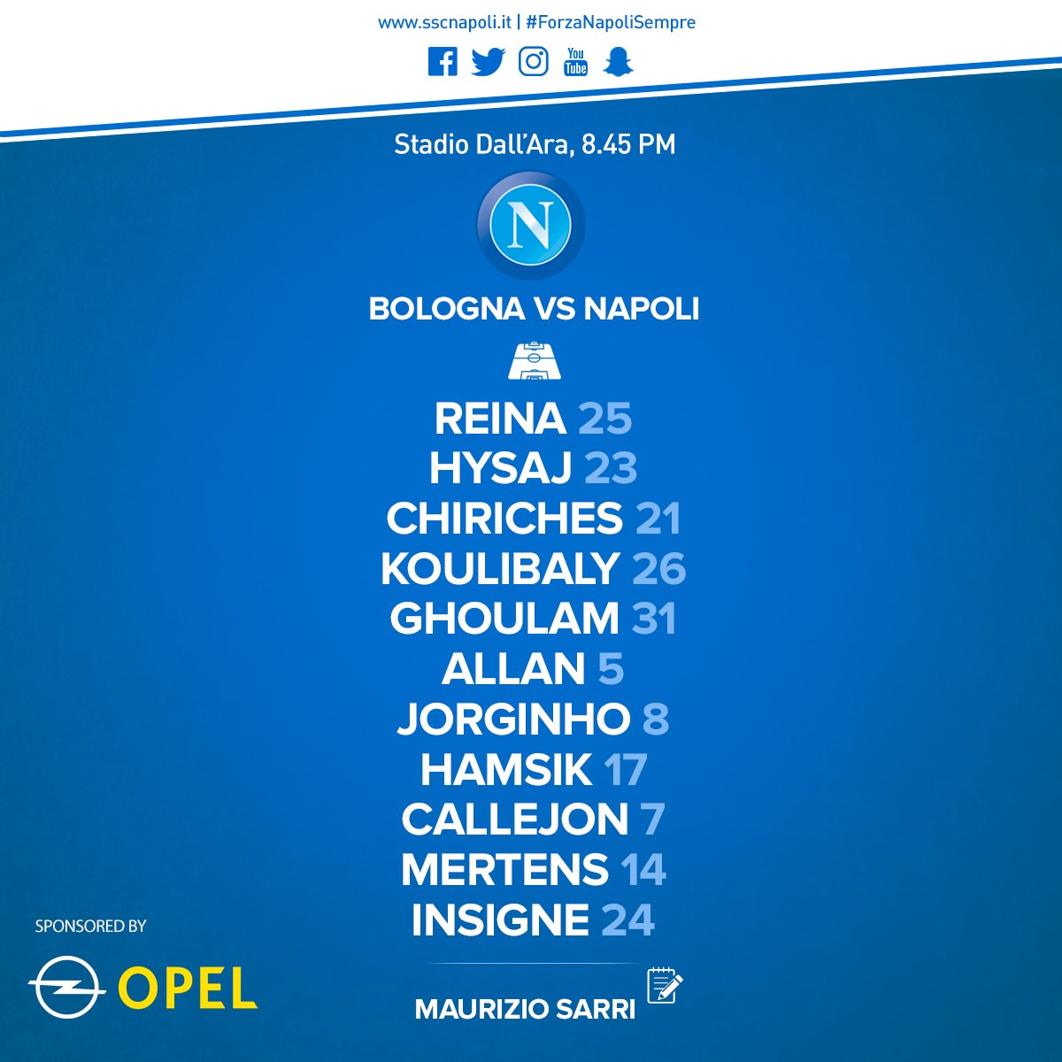 Napoli-Bologna: Sarri schiera i titolarissimi tranne Albiol. Donadoni col 4-2-3-1 Napoli-Bologna: Sarri schiera i titolarissimi tranne Albiol. Donadoni col 4-2-3-1