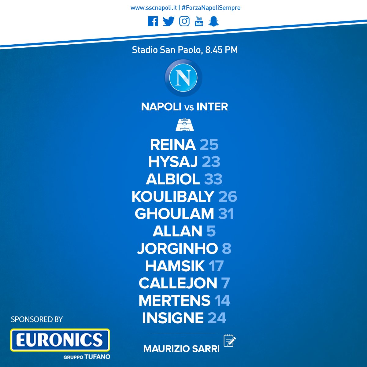 Napoli-Inter, le formazioni ufficiali: Insigne c’è, Allan e Jorginho a centrocampo