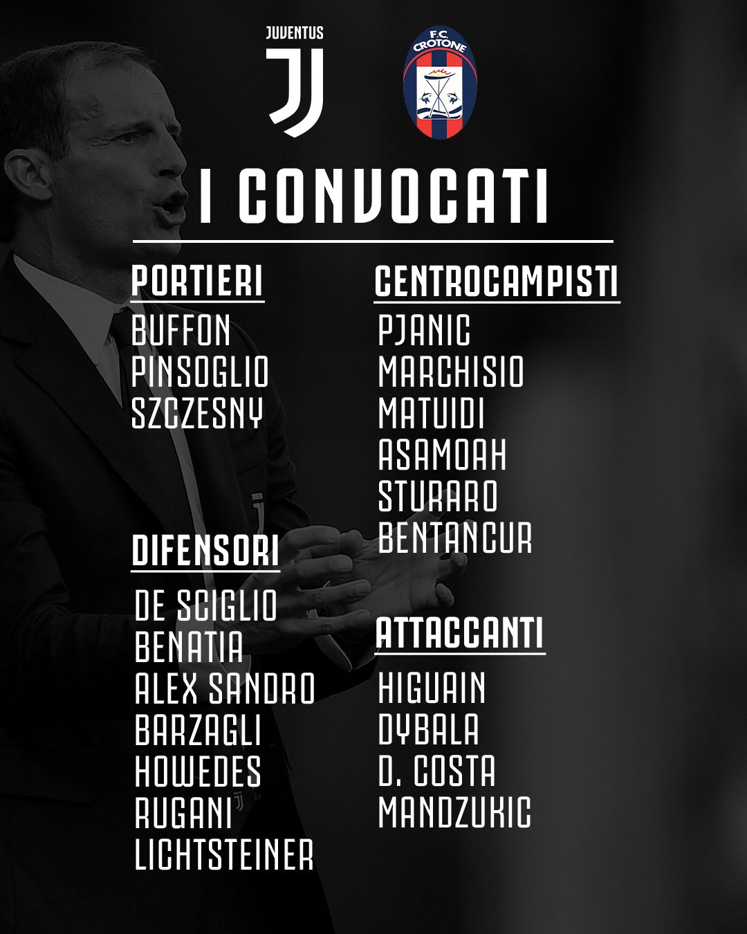 Juventus, i convocati di Allegri per il Crotone: fuori Chiellini, Khedira, Bernardeschi, Cuadrado