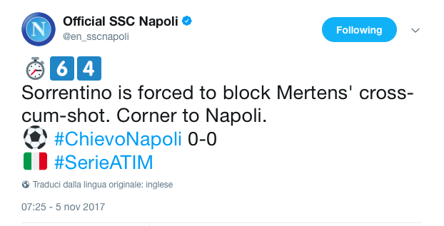 Il tweet del Napoli in inglese. Il Guardian scrive che cross-cum-shot si può scrivere