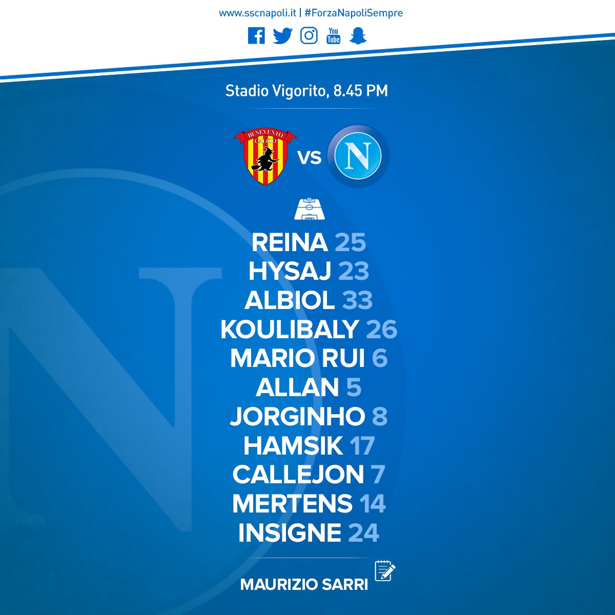 Benevento-Napoli, le formazioni ufficiali: nessuna sorpresa, Sarri coi titolarissimi