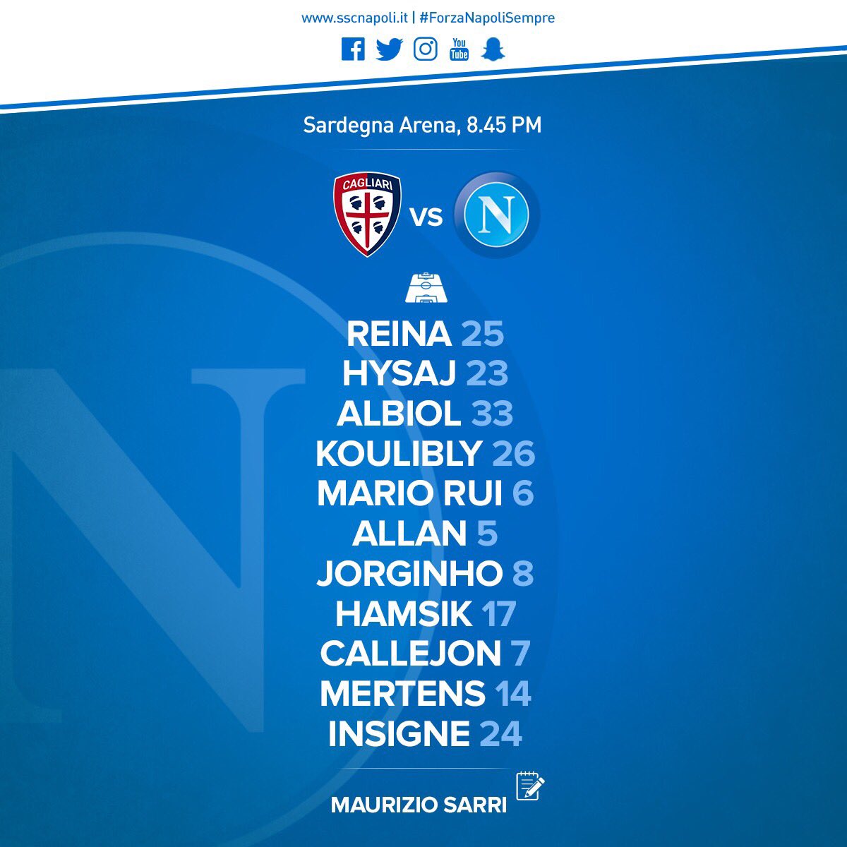 Cagliari-Napoli, le formazioni ufficiali: Sarri sceglie i titolarissimi, Mario Rui c’è