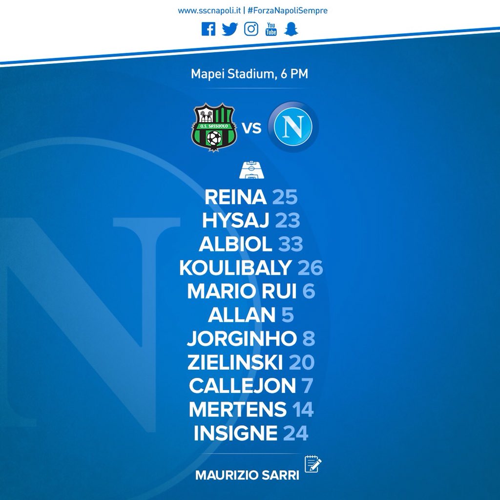Sassuolo-Napoli, le formazioni ufficiali: Hysaj e Zielinski titolari, Hamsik in panchina
