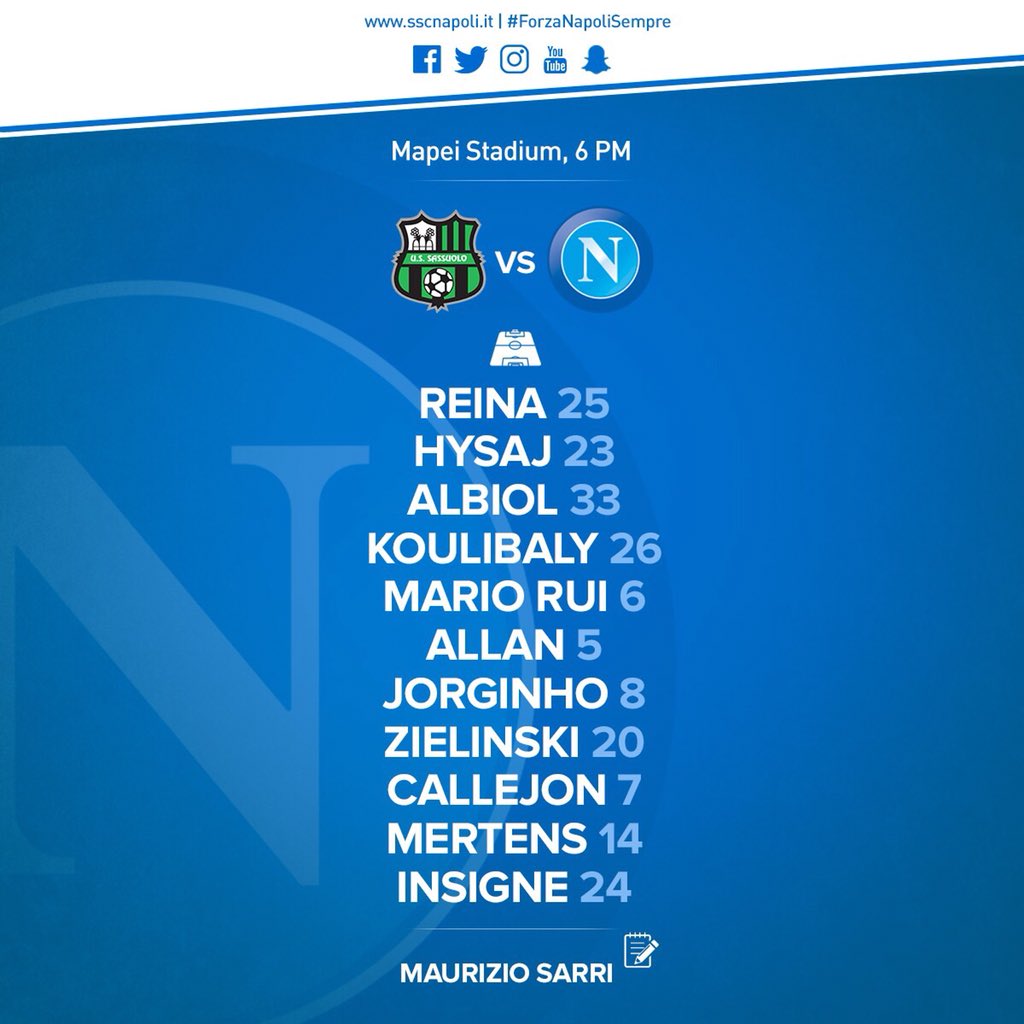 Sassuolo-Napoli, le formazioni ufficiali: Hysaj e Zielinski titolari, Hamsik in panchina