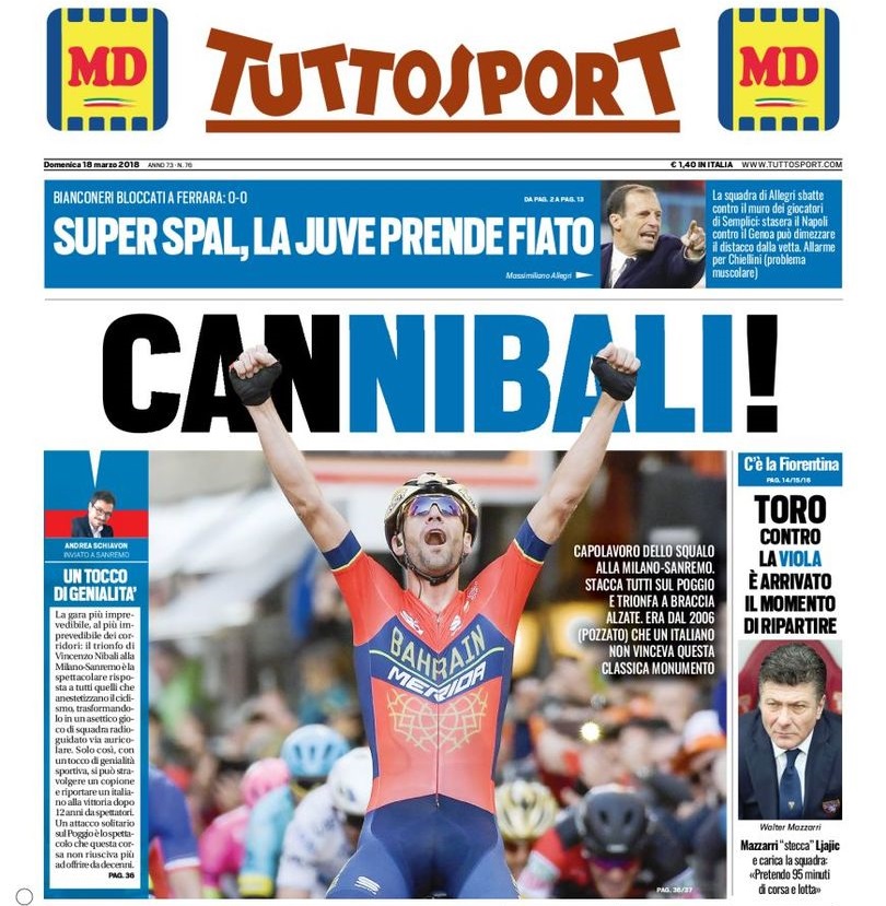 L’improvvisa passione di Tuttosport per il ciclismo: celebra Nibali, oscura la Juventus