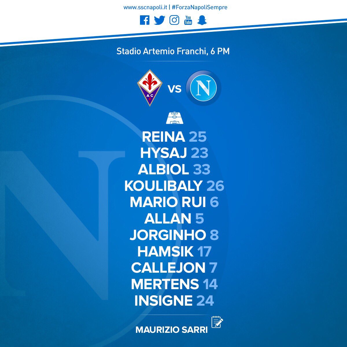 Fiorentina-Napoli, le formazioni ufficiali: Pioli conferma Saponara, titolarissimi per Sarri Fiorentina-Napoli, le formazioni ufficiali: Pioli conferma Saponara, titolarissimi per Sarri