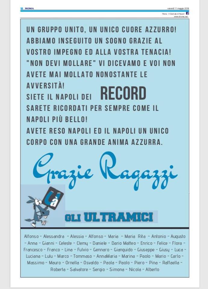 Gli Ultramici ringraziano il Napoli con una pagina sul Roma: «Abbiamo inseguito un sogno»