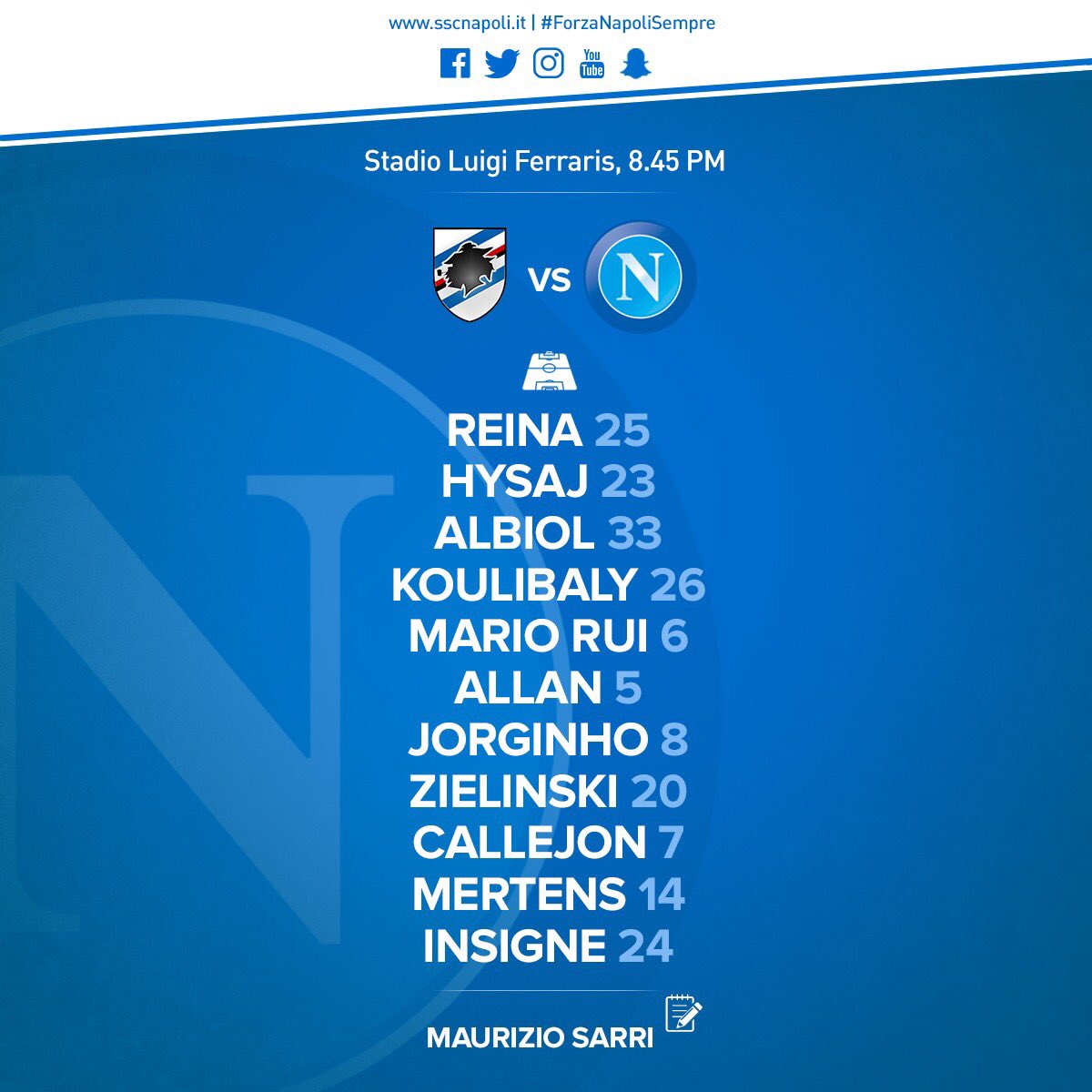 Sampdoria-Napoli, le formazioni ufficiali: Mertens e Zielinski titolari, Hamsik in panchina