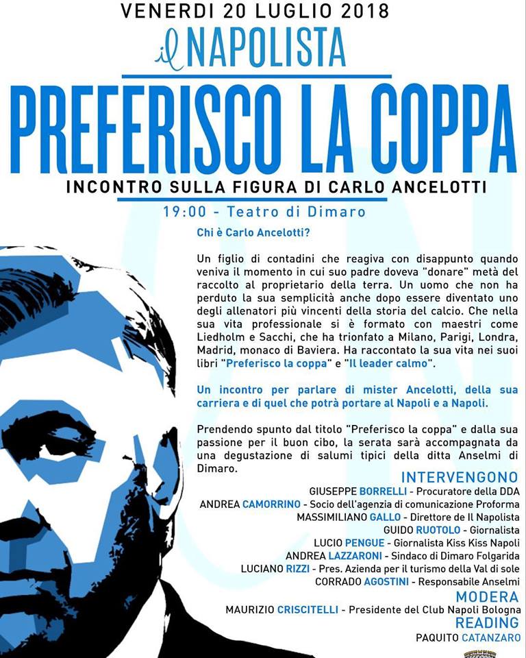 Stasera a Dimaro “Preferisco la coppa” dibattito su Ancelotti con degustazione