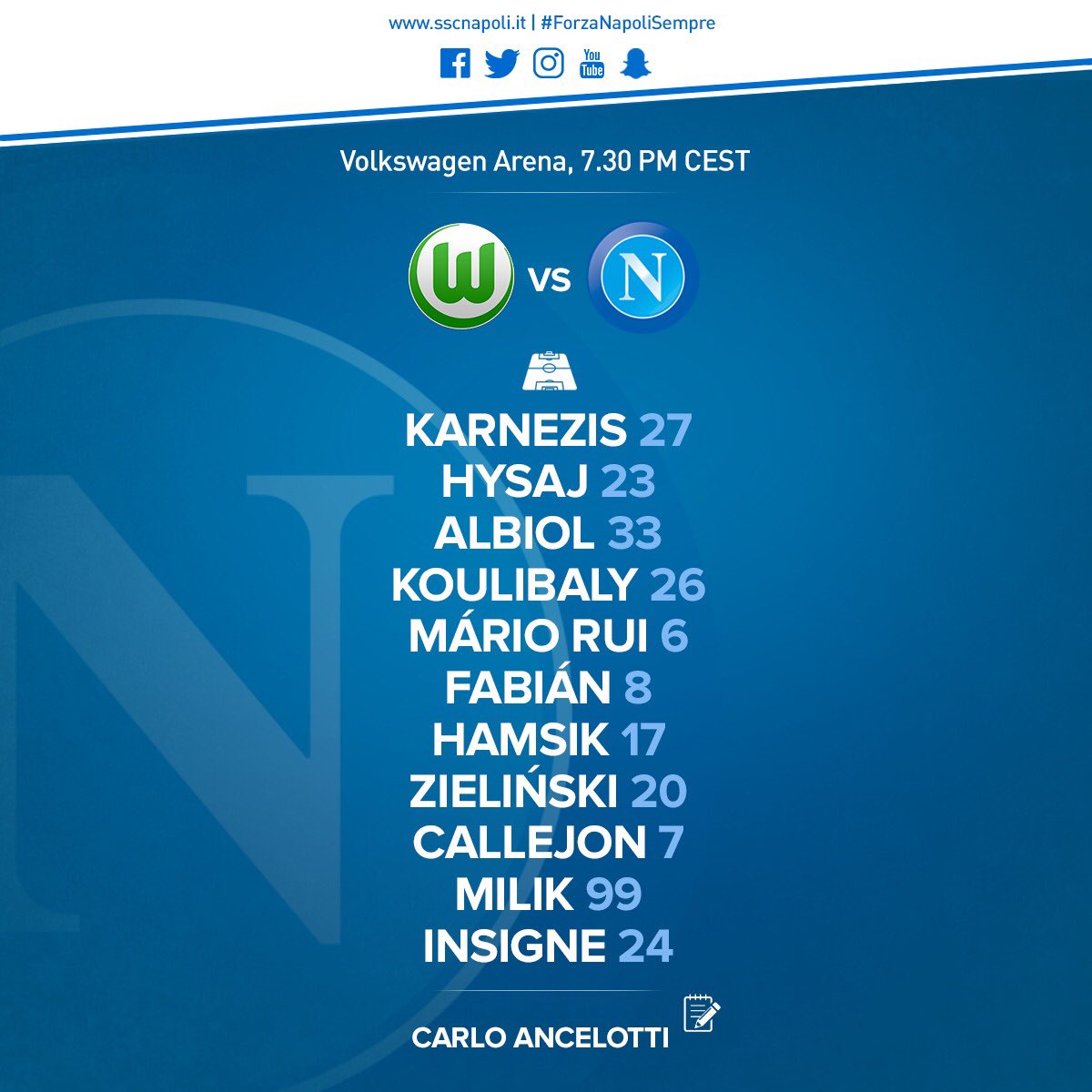 Wolfsburg-Napoli, le formazioni ufficiali: Zielinski-Hamsik-Fabian, centrocampo tecnico per Ancelotti