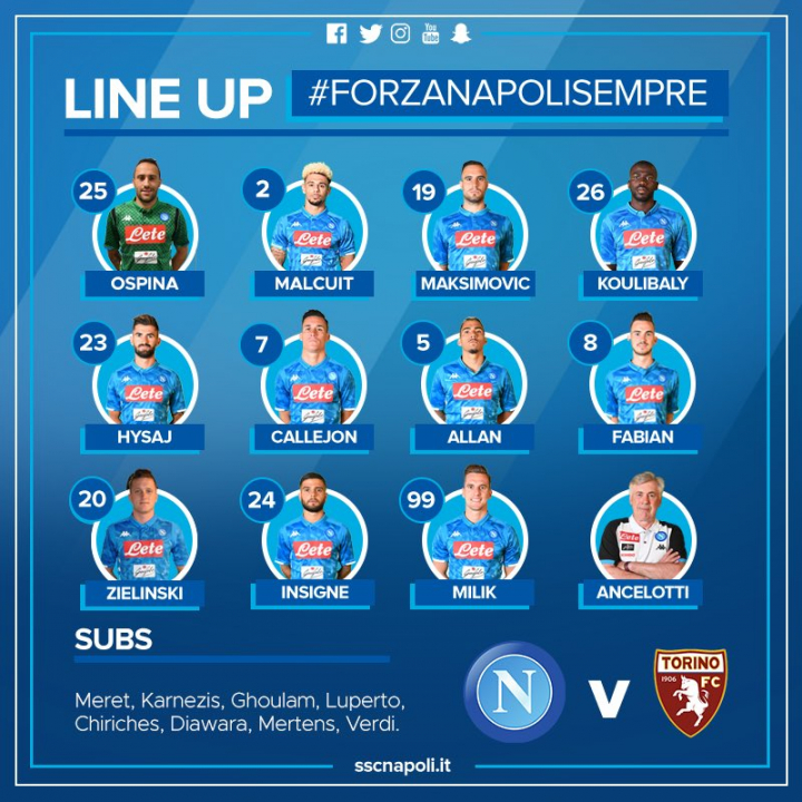 Napoli-Torino, le formazioni: Ancelotti sfodera i titolarissimi Napoli-Torino, le formazioni: Ancelotti sfodera i titolarissimi