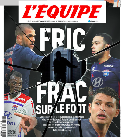 Copertina de L’Equipe: allarme furti con scasso nelle case dei giocatori del Psg Copertina de L’Equipe: allarme furti con scasso nelle case dei giocatori del Psg