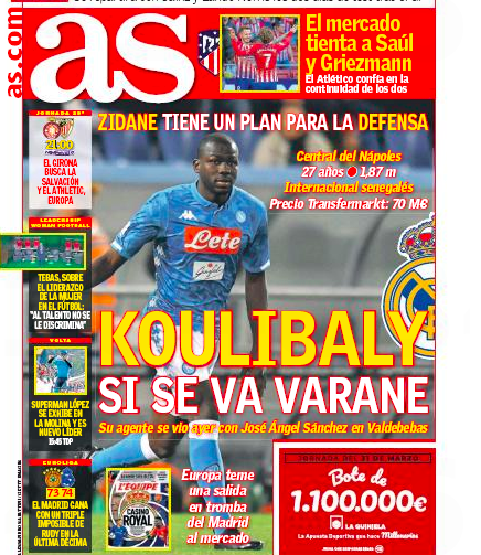 As: “Koulibaly al Real se parte Varane, il suo agente al centro sportivo del Madrid”