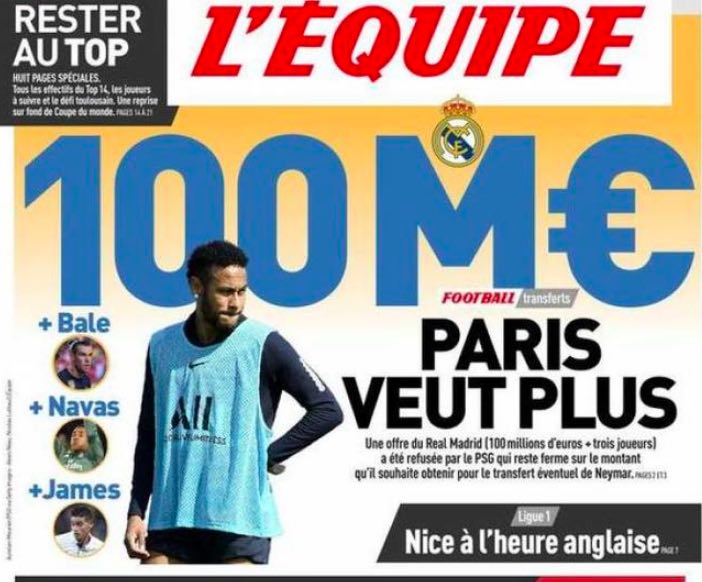 L’Equipe – Il Real Madrid offre 100 milioni più James, Navas e Bale per Neymar