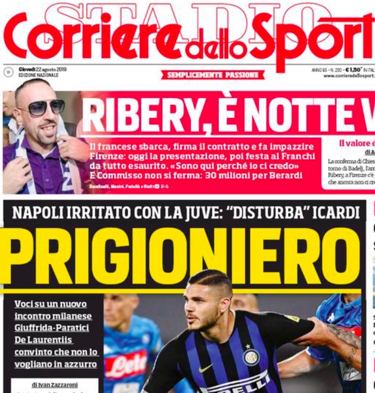 Corriere dello Sport: De Laurentiis è convinto che ci sia la Juve dietro i no di Icardi Corriere dello Sport: De Laurentiis è convinto che ci sia la Juve dietro i no di Icardi