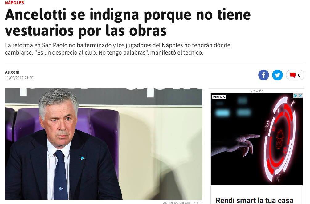 Il comunicato di Ancelotti sugli spogliatoi del San Paolo finisce su As Il comunicato di Ancelotti sugli spogliatoi del San Paolo finisce su As
