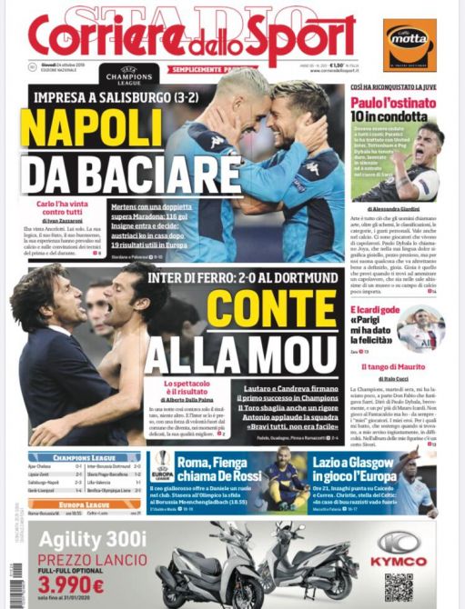 “Napoli da baciare”, la prima pagina del Corriere dello Sport