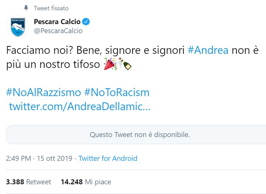 Il Pescara blocca sui social tifoso razzista (e moltiplica i like)