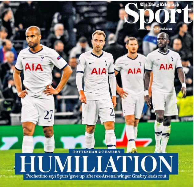 Telegraph: disfatta del Tottenham che perde 2-7 con il Bayern