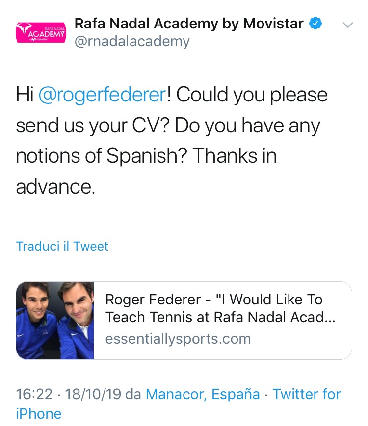 Federer vuole fare il maestro all’Accademia di Nadal. E la scuola gli chiede… il curriculum