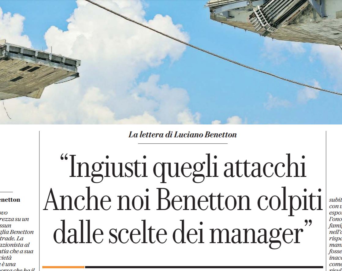 Il Fatto: Benetton dice che non sapeva. A prenderlo sul serio non si dovrebbe imboccare più l’autostrada Il Fatto: Benetton dice che non sapeva. A prenderlo sul serio non si dovrebbe imboccare più l’autostrada