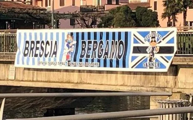 lo striscione di fratellanza tra Brescia e Bergamo
