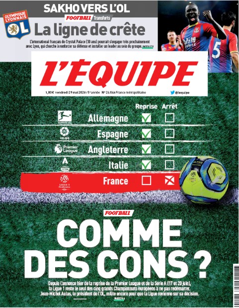 L’Equipe: “Il calcio riapre ovunque, in Francia lo sport non conta niente”