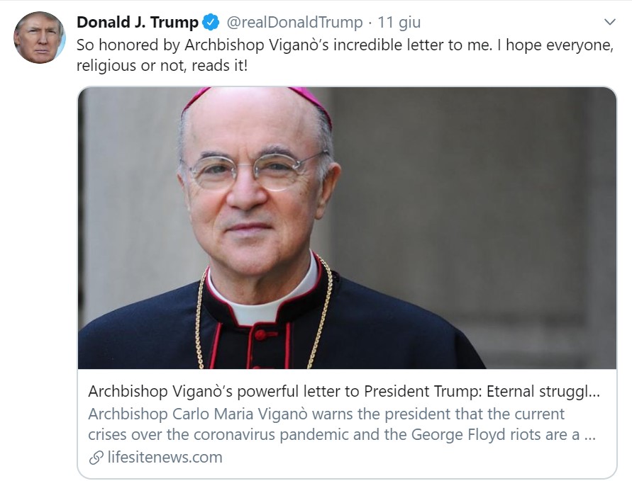 “Razzismo e virus, è un complotto contro Trump”, dice l’arcivescovo nemico del Papa “Razzismo e virus, è un complotto contro Trump”, dice l’arcivescovo nemico del Papa