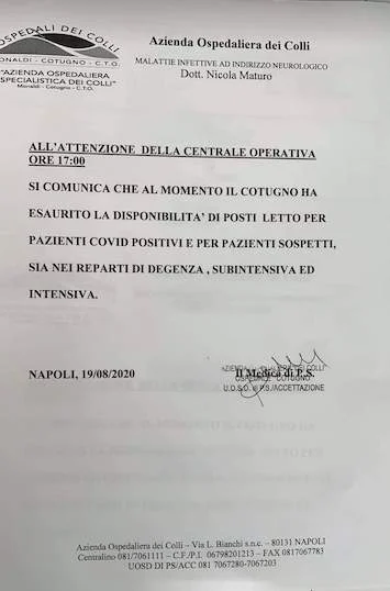 Cotugno: esauriti i posti letto per Covid in terapia intensiva