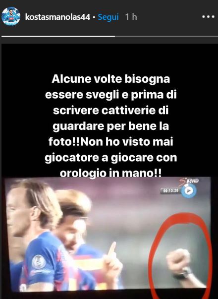 Manolas: “Basta guardare bene la foto. Mai visto un giocatore con un orologio in mano”