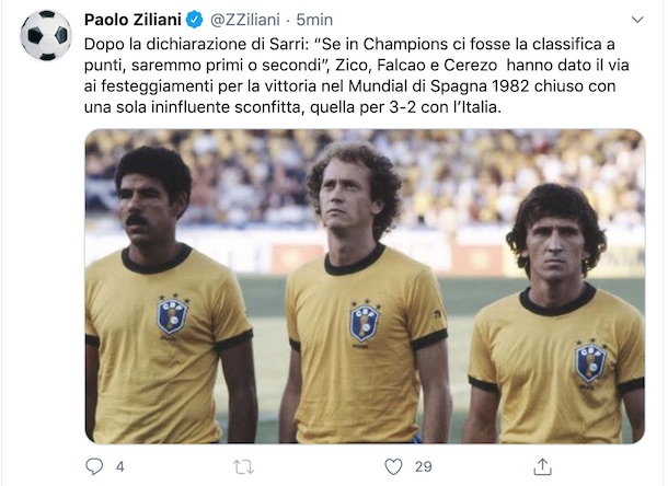Ziliani: “col metodo Sarri, il Brasile 82 avrebbe vinto il Mondiale. Solo una sconfitta, quella con l’Italia 3-2”