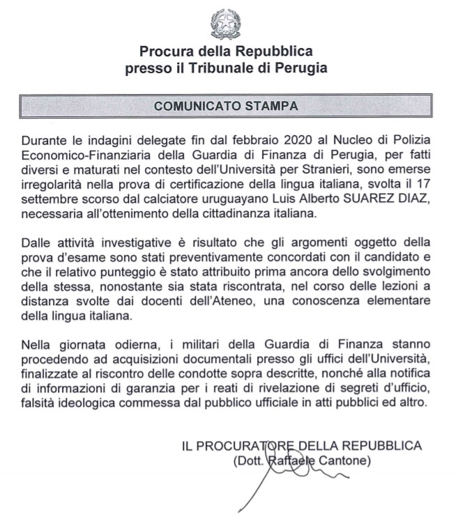Perugia, il procuratore Cantone: esame di Suarez, punteggio attribuito prima